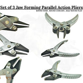 Close-up view of precision jewelry pliers including round nose, round concave, and half round/flat types.